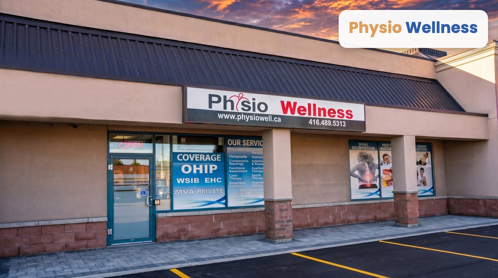 Physiotherapy Wellness Inst clinic storefront in Etobicoke listing OHIP, WSIB, and MVA coverage