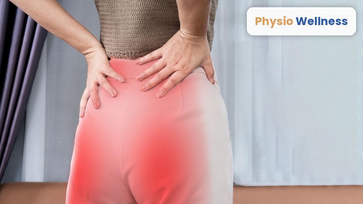 Sciatica pain radiating across the lower back and buttock.