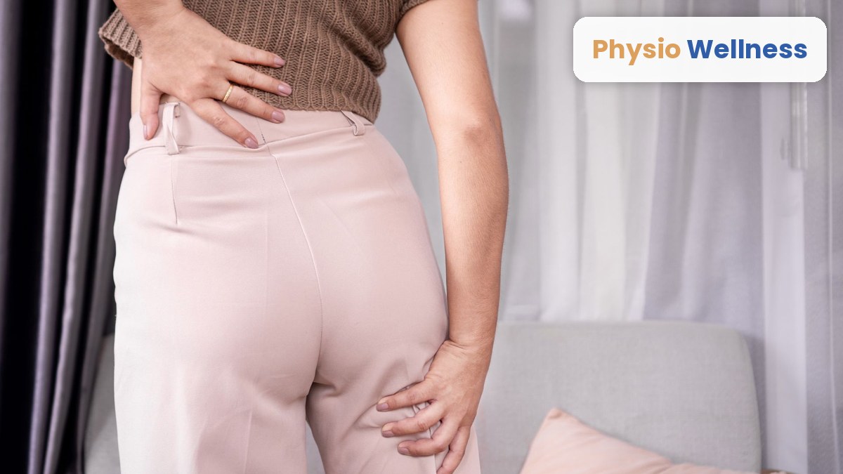 Woman holding her lower back and buttock from sciatica pain, at Physiotherapy Wellness Inst in Etobicoke.