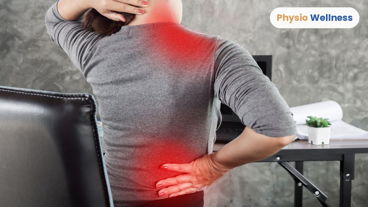 Office worker with neck and lower back pain highlighted, showing the two areas most affected by desk work