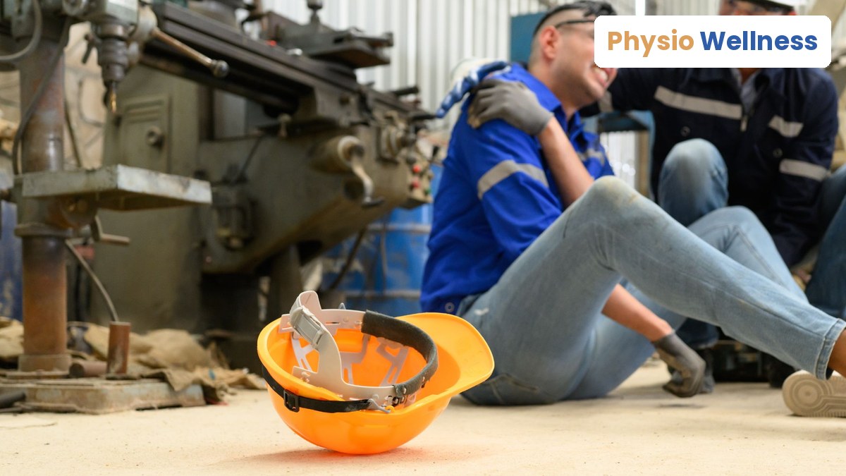 A factory worker holding his shoulder in pain after a workplace injury while a coworker helps, hard hat on the floor