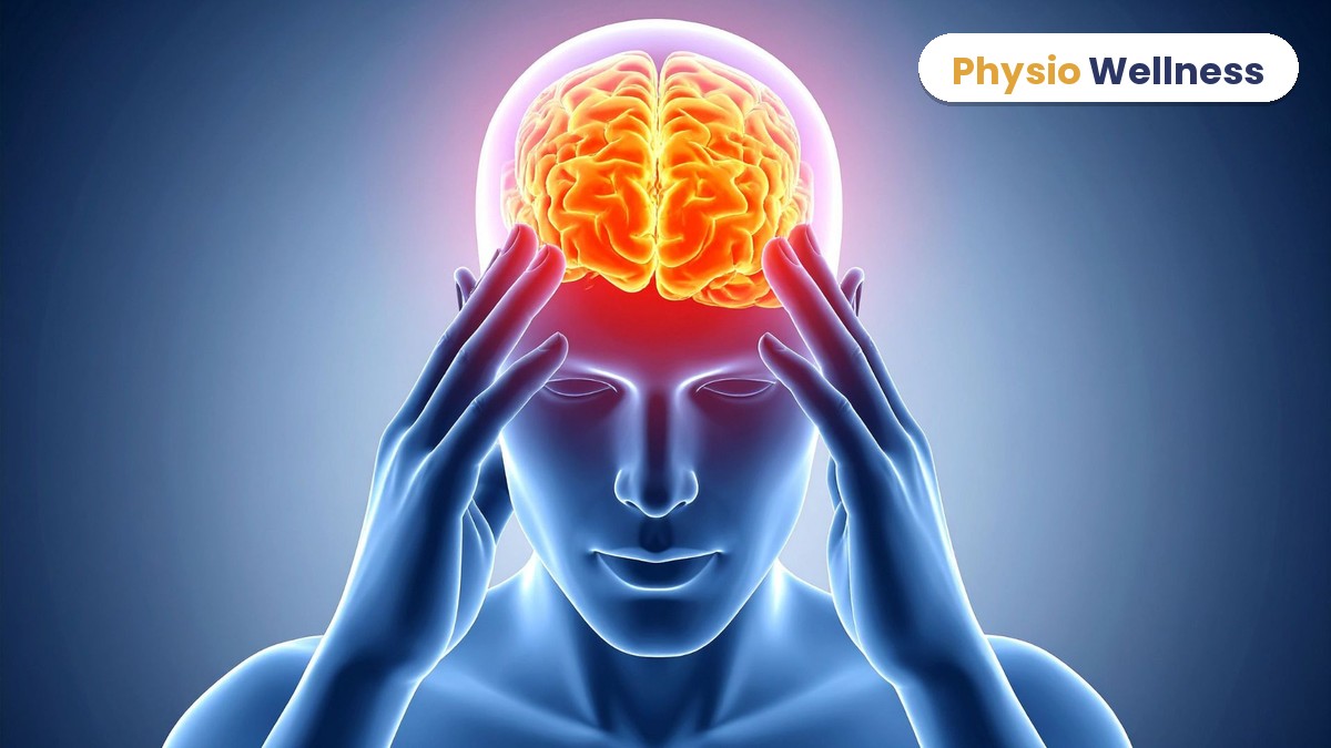 Illustration of a person holding their head with a highlighted brain, representing a headache or migraine