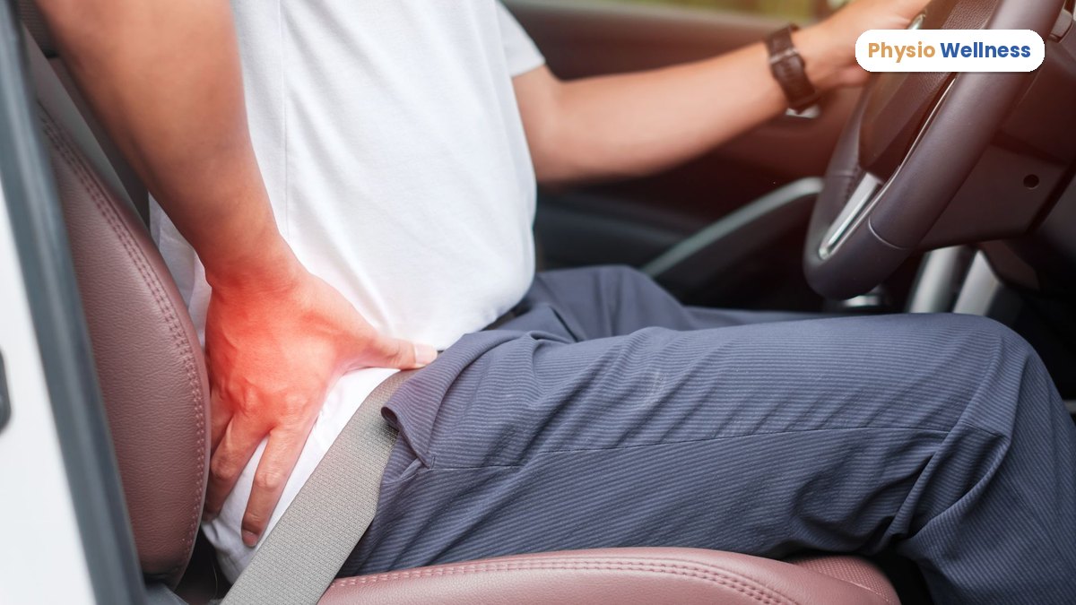Man holding his lower back after sitting in a car, a common trigger for disc pain