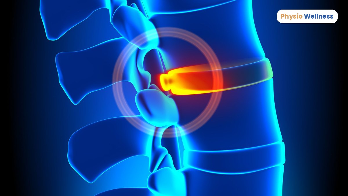 Illustration of a herniated disc in the lower spine pressing on a nearby nerve