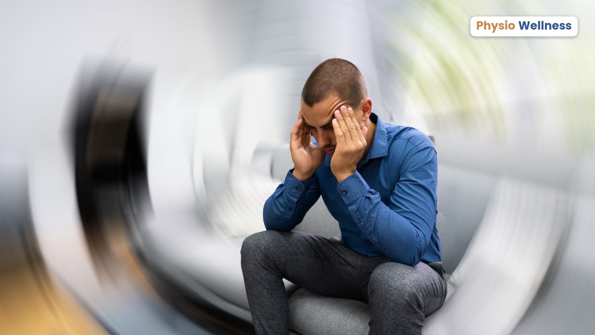 Man holding his head as the room spins around him, a common experience with vertigo
