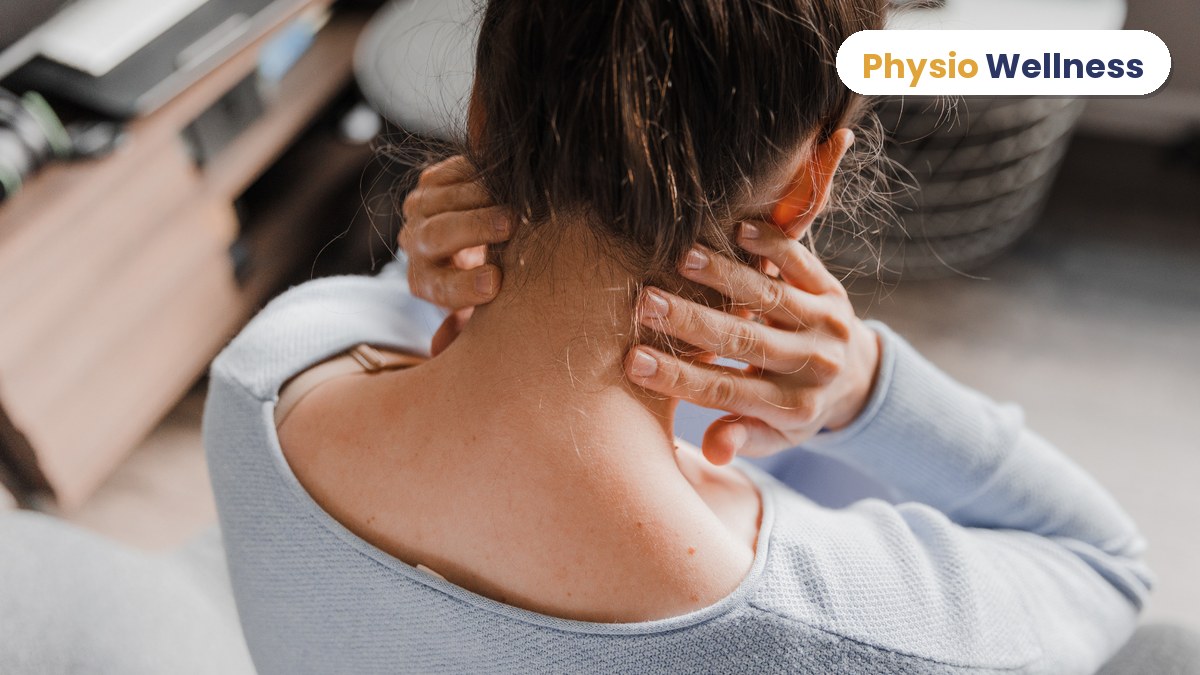 Person holding the back of a stiff, painful neck