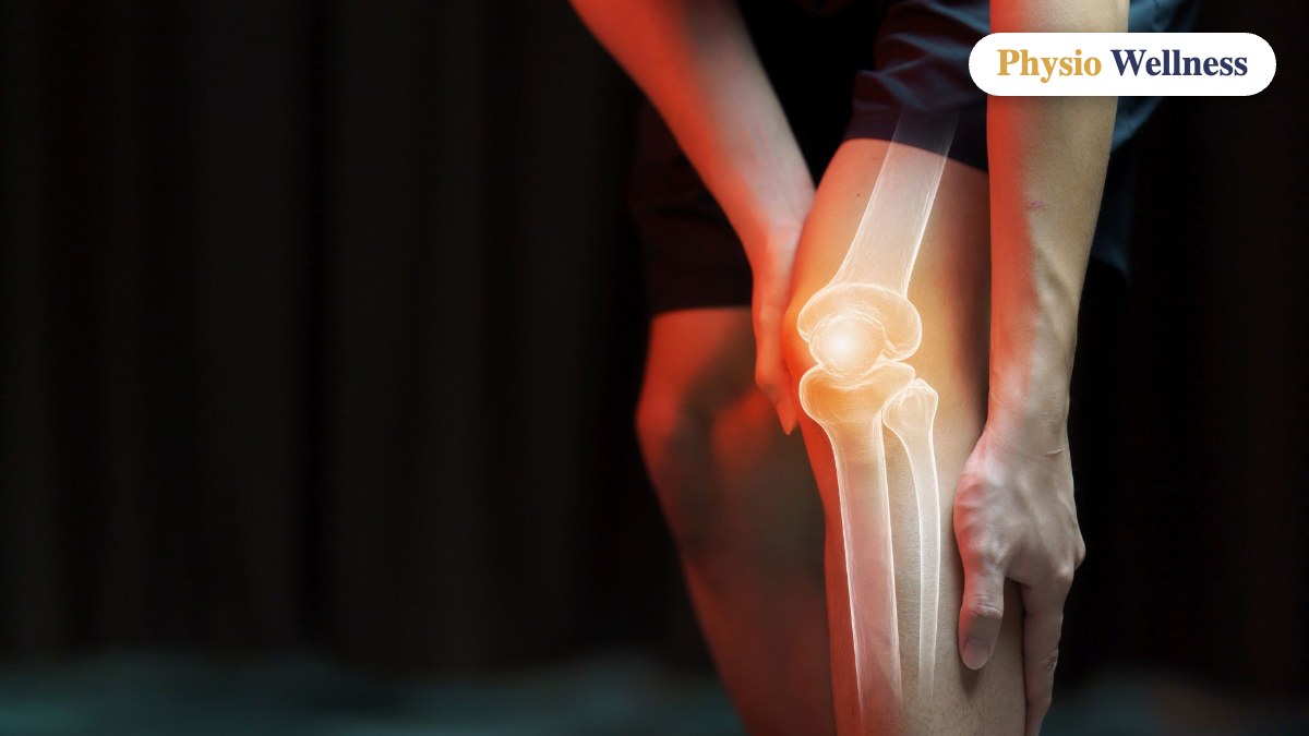 Knee pain highlighted over the kneecap, typical of jumper’s knee (patellar tendinopathy)