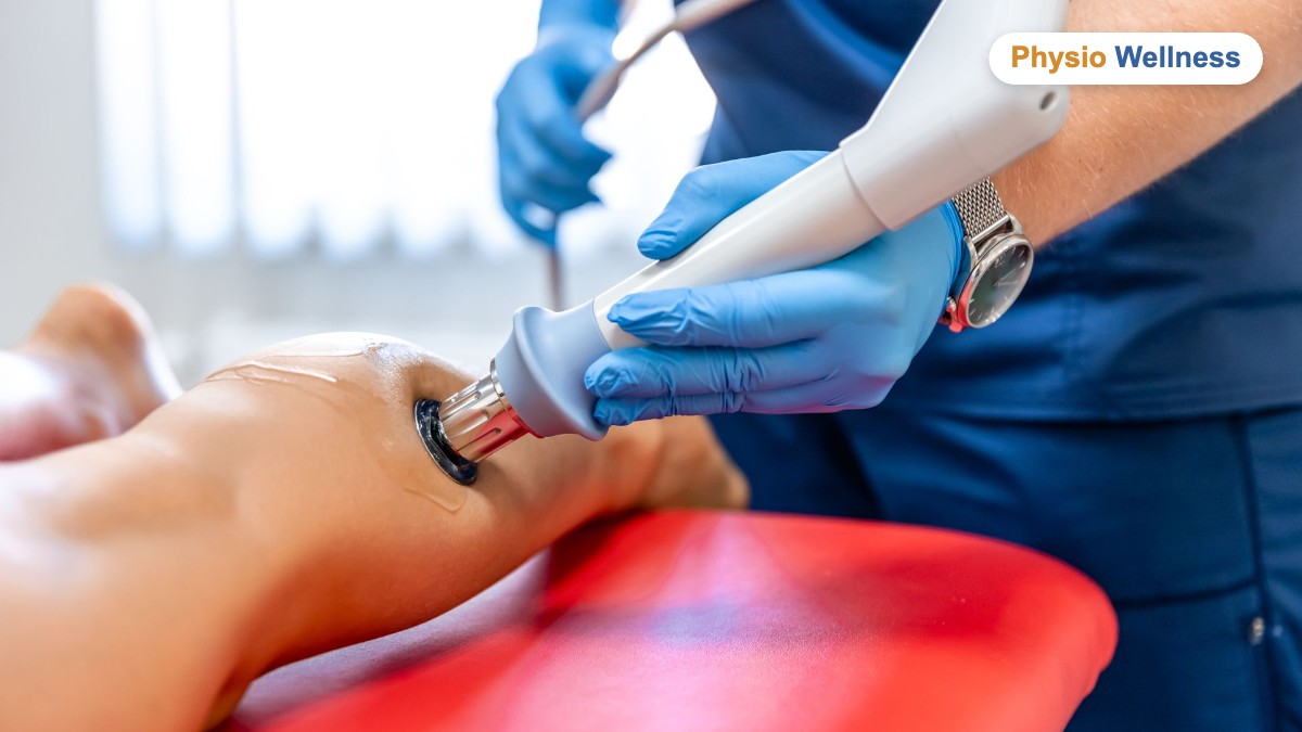 Shockwave applicator treating a chronic elbow tendon at an Etobicoke clinic